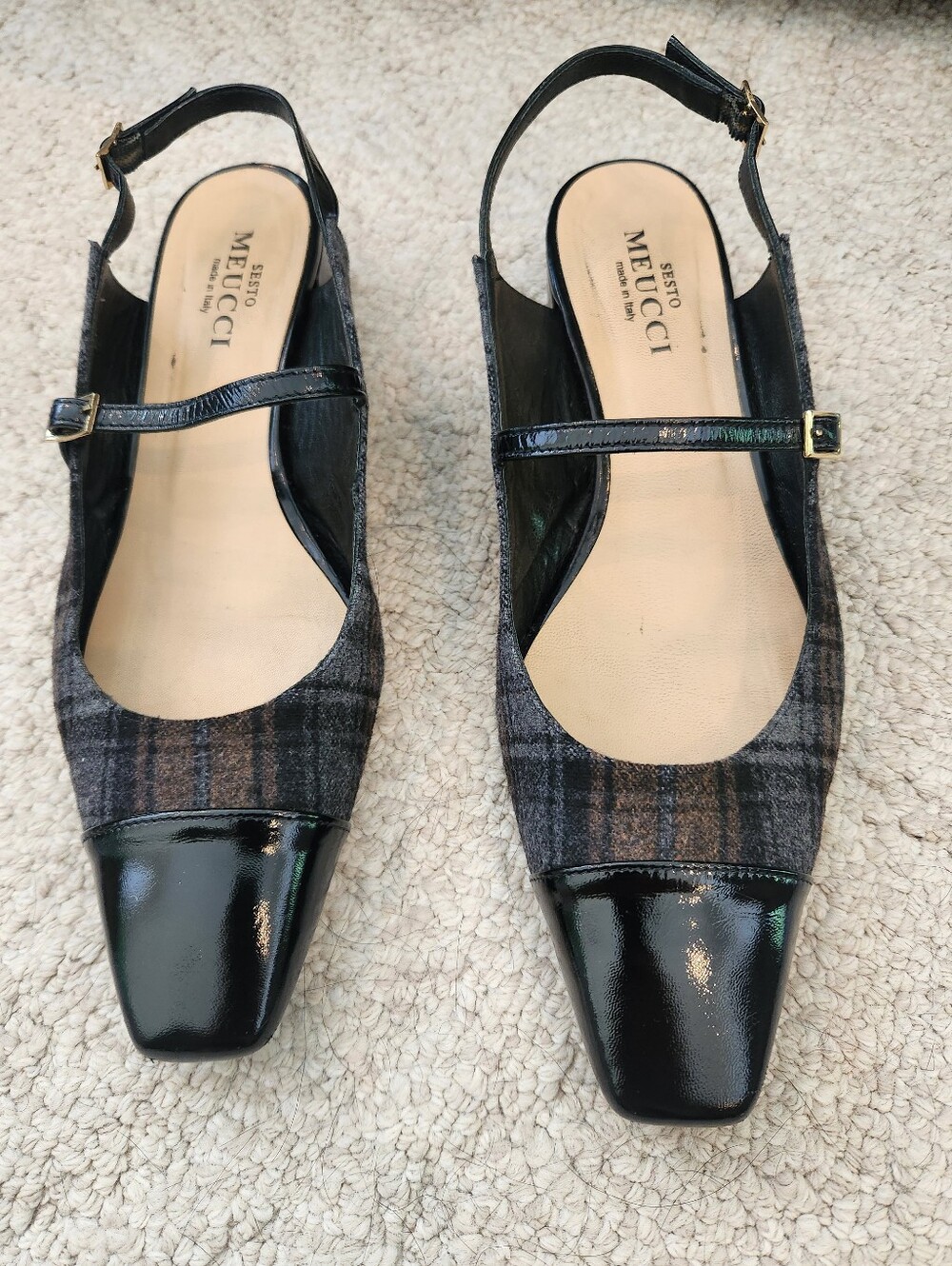 Sesto Meucci Black Patent & Black Gray Brown Plaid Slingback Flats